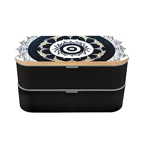 Black And White Round Totem Adult Lunch Box, Bento Box, With Cutlery Set Of 3, 2 Compartments, Rectangular, Lunch Box For Adults