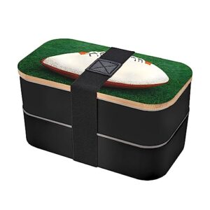 white rugby ball adult lunch box, bento box, with cutlery set of 3, 2 compartments, rectangular, lunch box for adults