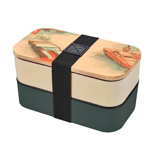 poster car adult lunch box, bento box, with cutlery set of 3, 2 compartments, rectangular, lunch box for adults