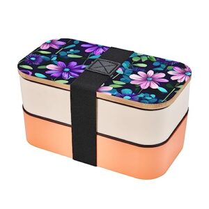 purple camellia adult lunch box, bento box, with cutlery set of 3, 2 compartments, rectangular, lunch box for adults