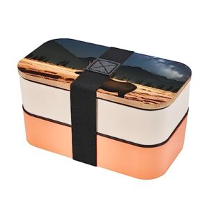 elk in the meadow adult lunch box, bento box, with cutlery set of 3, 2 compartments, rectangular, lunch box for adults
