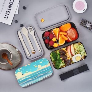 Beach Cartoon Adult Lunch Box, Bento Box, With Cutlery Set Of 3, 2 Compartments, Rectangular, Lunch Box For Adults