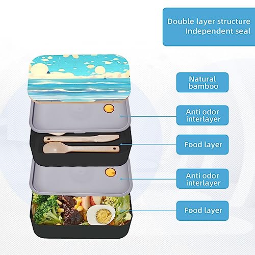 Beach Cartoon Adult Lunch Box, Bento Box, With Cutlery Set Of 3, 2 Compartments, Rectangular, Lunch Box For Adults