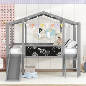 citylight twin size loft bed with slide, low loft bed frame with blackboard and light strip on the roof, wood kids slide bed for girls, boys, grey