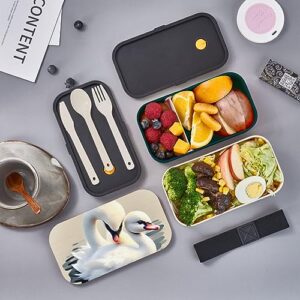 Cute Little Swan Adult Lunch Box, Bento Box, With Cutlery Set Of 3, 2 Compartments, Rectangular, Lunch Box For Adults