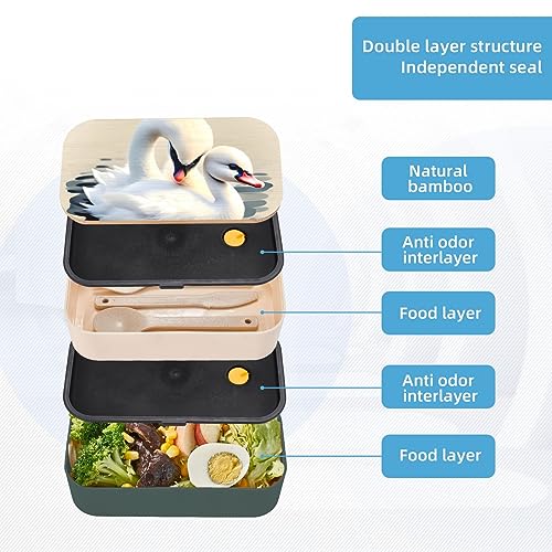 Cute Little Swan Adult Lunch Box, Bento Box, With Cutlery Set Of 3, 2 Compartments, Rectangular, Lunch Box For Adults