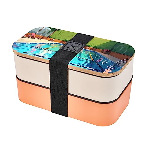 Flamingo And Swimming Pool Adult Lunch Box, Bento Box, With Cutlery Set Of 3, 2 Compartments, Rectangular, Lunch Box For Adults