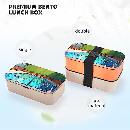 Flamingo And Swimming Pool Adult Lunch Box, Bento Box, With Cutlery Set Of 3, 2 Compartments, Rectangular, Lunch Box For Adults