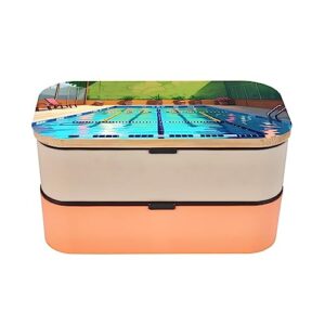 Flamingo And Swimming Pool Adult Lunch Box, Bento Box, With Cutlery Set Of 3, 2 Compartments, Rectangular, Lunch Box For Adults