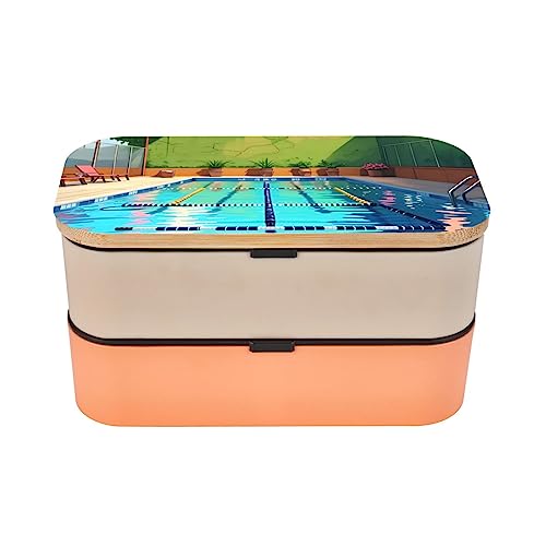 Flamingo And Swimming Pool Adult Lunch Box, Bento Box, With Cutlery Set Of 3, 2 Compartments, Rectangular, Lunch Box For Adults