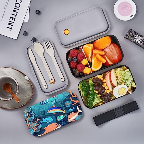 Submarine Dolphins Adult Lunch Box, Bento Box, With Cutlery Set Of 3, 2 Compartments, Rectangular, Lunch Box For Adults