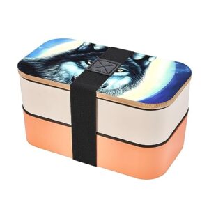 wolf under moon adult lunch box, bento box, with cutlery set of 3, 2 compartments, rectangular, lunch box for adults