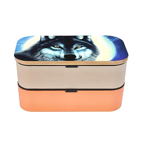 Wolf Under Moon Adult Lunch Box, Bento Box, With Cutlery Set Of 3, 2 Compartments, Rectangular, Lunch Box For Adults