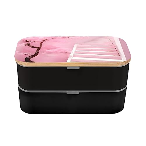 Cherry Blossom White Staircase Adult Lunch Box, Bento Box, With Cutlery Set Of 3, 2 Compartments, Rectangular, Lunch Box For Adults