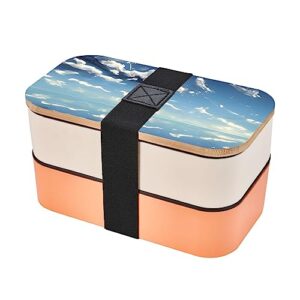 blue sky and white clouds adult lunch box, bento box, with cutlery set of 3, 2 compartments, rectangular, lunch box for adults