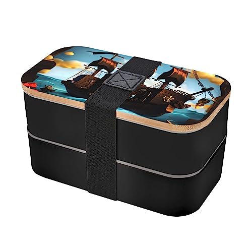 Cartoon Pirate Ship Adult Lunch Box, Bento Box, With Cutlery Set Of 3, 2 Compartments, Rectangular, Lunch Box For Adults