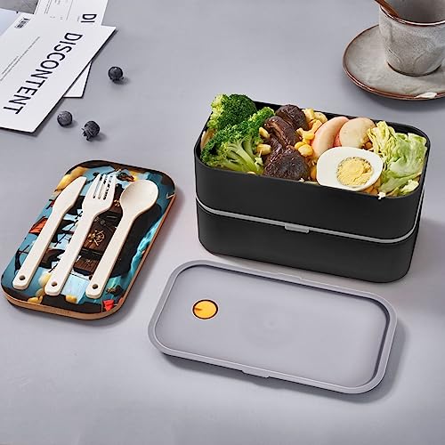 Cartoon Pirate Ship Adult Lunch Box, Bento Box, With Cutlery Set Of 3, 2 Compartments, Rectangular, Lunch Box For Adults