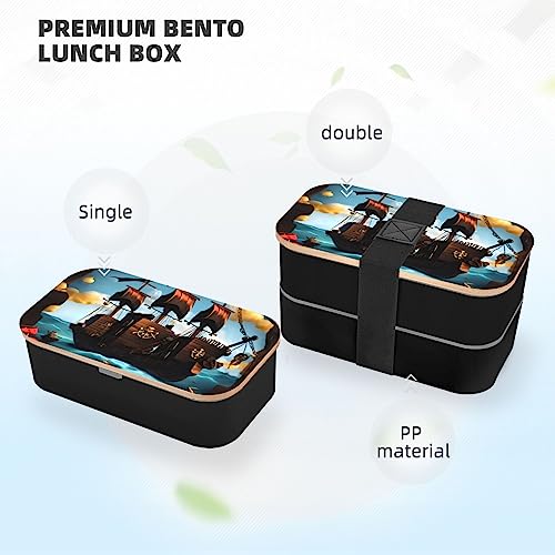 Cartoon Pirate Ship Adult Lunch Box, Bento Box, With Cutlery Set Of 3, 2 Compartments, Rectangular, Lunch Box For Adults