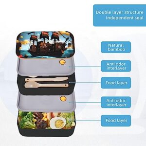 Cartoon Pirate Ship Adult Lunch Box, Bento Box, With Cutlery Set Of 3, 2 Compartments, Rectangular, Lunch Box For Adults