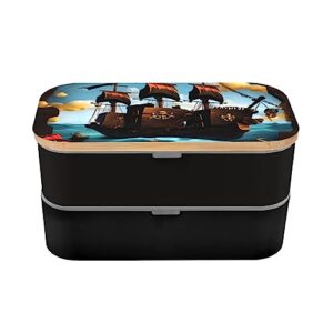 Cartoon Pirate Ship Adult Lunch Box, Bento Box, With Cutlery Set Of 3, 2 Compartments, Rectangular, Lunch Box For Adults