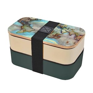 cartoon world map adult lunch box, bento box, with cutlery set of 3, 2 compartments, rectangular, lunch box for adults
