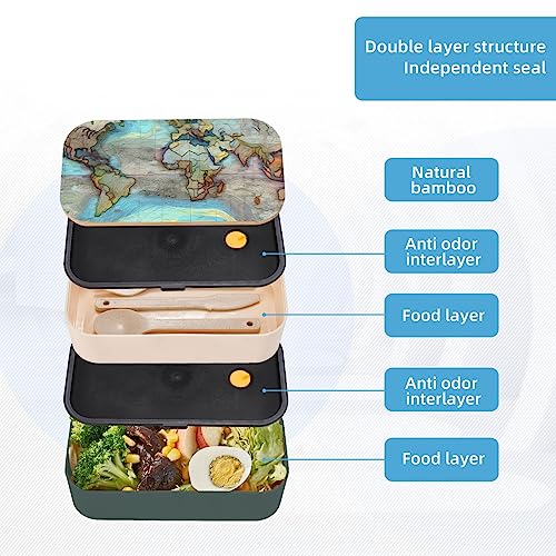 Cartoon World Map Adult Lunch Box, Bento Box, With Cutlery Set Of 3, 2 Compartments, Rectangular, Lunch Box For Adults