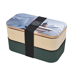 winter landscape adult lunch box, bento box, with cutlery set of 3, 2 compartments, rectangular, lunch box for adults