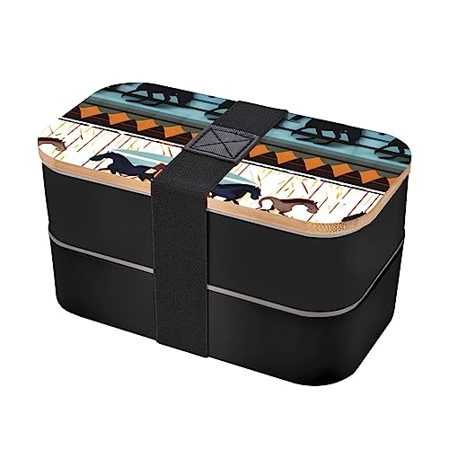 Horse Stripes Pattern Adult Lunch Box, Bento Box, With Cutlery Set Of 3, 2 Compartments, Rectangular, Lunch Box For Adults