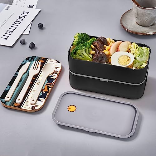 Horse Stripes Pattern Adult Lunch Box, Bento Box, With Cutlery Set Of 3, 2 Compartments, Rectangular, Lunch Box For Adults