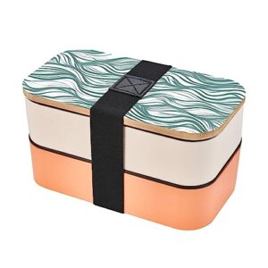 green wavy stripe adult lunch box, bento box, with cutlery set of 3, 2 compartments, rectangular, lunch box for adults