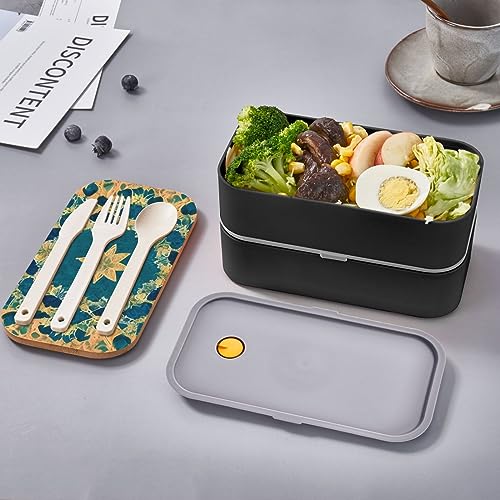 Quadrangle Pattern Adult Lunch Box, Bento Box, With Cutlery Set Of 3, 2 Compartments, Rectangular, Lunch Box For Adults
