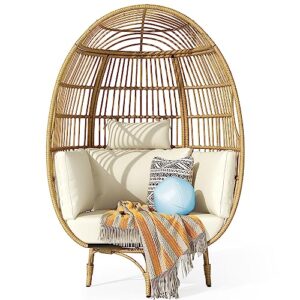 yitahome swivel outdoor egg chair, wicker patio rotating basket chair with 370lbs capacity, all-weather oversized stationary egg lounger chair for indoor living room outside balcony backyard (beige)