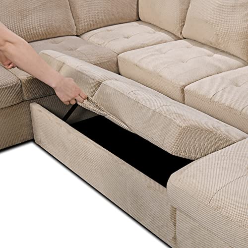 THSUPER Sectional Sleeper Sofa with Pull Out Bed and Storage Chaise, U Shape Sectional Sofa Bed, Oversized Sectional Sleeper Couch for Living Room Beige