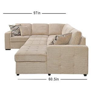 THSUPER Sectional Sleeper Sofa with Pull Out Bed and Storage Chaise, U Shape Sectional Sofa Bed, Oversized Sectional Sleeper Couch for Living Room Beige