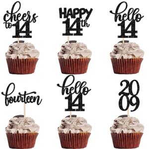 rsstarxi 30 pack 14th birthday cupcake toppers glitter hello 14 cheers to 14 years old fourteen cupcake picks decorations for girls boys 14th birthday wedding anniversary party cake decorations black