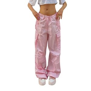 WMZJSZHY Cargo Pants Women Adjustable High Waist Baggy Y2K Trendy Drawstring Parachute Pants Elastic Wide Leg Plus Size Jogger Sweatpants with Pockets Hip Hop Downtown Girl Aesthetic Pink L