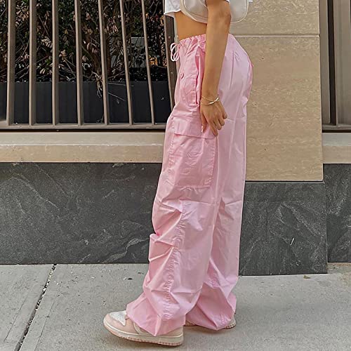 WMZJSZHY Cargo Pants Women Adjustable High Waist Baggy Y2K Trendy Drawstring Parachute Pants Elastic Wide Leg Plus Size Jogger Sweatpants with Pockets Hip Hop Downtown Girl Aesthetic Pink L