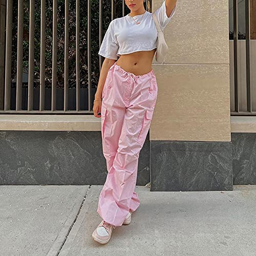 WMZJSZHY Cargo Pants Women Adjustable High Waist Baggy Y2K Trendy Drawstring Parachute Pants Elastic Wide Leg Plus Size Jogger Sweatpants with Pockets Hip Hop Downtown Girl Aesthetic Pink L