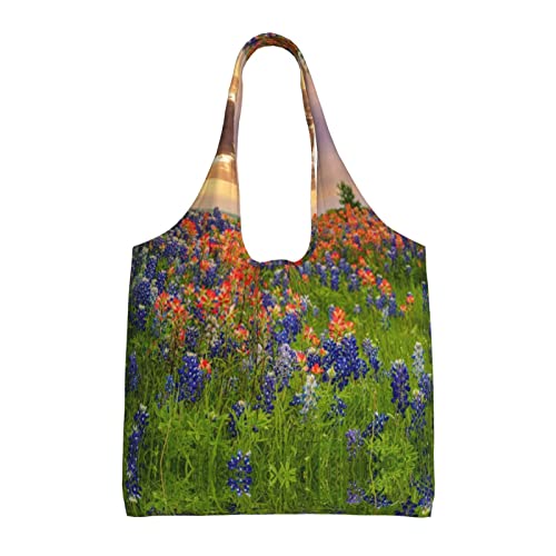 KIROJA Texas Bluebonnets Scenery Canvas Tote Bag,Eco Aesthetic Reusable Canvas Shopping Bags,Tote Bags For Women Shopping