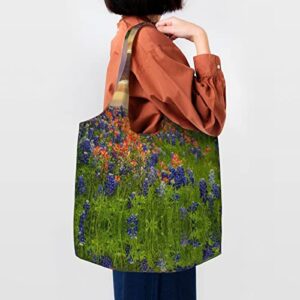 KIROJA Texas Bluebonnets Scenery Canvas Tote Bag,Eco Aesthetic Reusable Canvas Shopping Bags,Tote Bags For Women Shopping