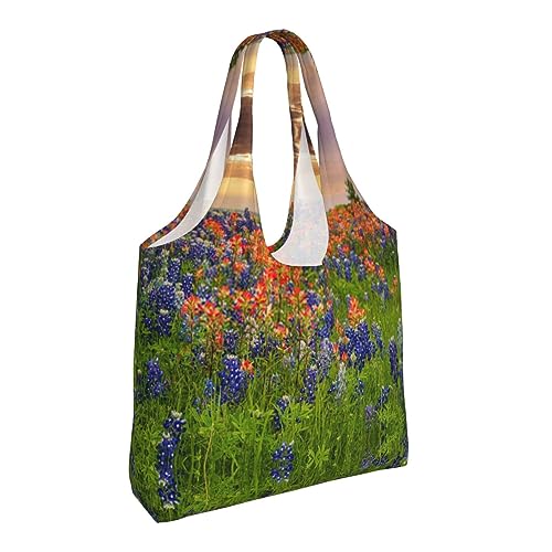 KIROJA Texas Bluebonnets Scenery Canvas Tote Bag,Eco Aesthetic Reusable Canvas Shopping Bags,Tote Bags For Women Shopping