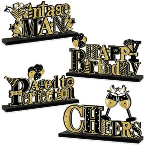 4 pieces vintage men happy birthday decorations table centerpieces for adult, black gold aged to perfection cheers birthday wooden table party supplies, 30th 40th 50th 60th 70th 80th bday table decor