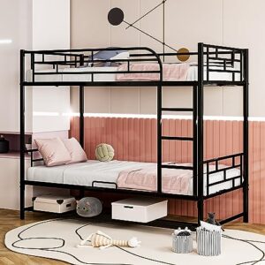 dnyn twin over twin bunk bed with under-shelf & ladder for kids,adult,convertible metal bedframe,perfect for dorm,bedroom,guest room,no box spring needed, black