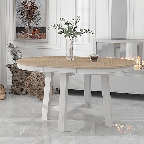 P PURLOVE Round Dining Table, Farmhouse Round Extendable Dining Table with 16" Leaf Wood Kitchen Table (Oak Natural Wood and Antique White)