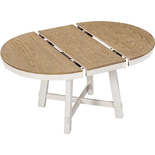 P PURLOVE Round Dining Table, Farmhouse Round Extendable Dining Table with 16" Leaf Wood Kitchen Table (Oak Natural Wood and Antique White)