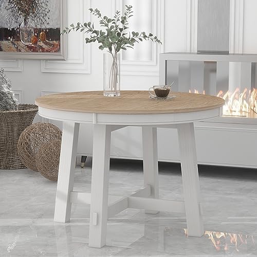 P PURLOVE Round Dining Table, Farmhouse Round Extendable Dining Table with 16" Leaf Wood Kitchen Table (Oak Natural Wood and Antique White)