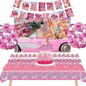 party decoration suitable for barbie theme party, pink party supplies suitable for barbie birthday decoraiton set include balloons, banner, backdrop, cake topper, cupcake topper and tablecloth for kids party…
