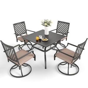 mfstudio 5 pcs metal outdoor patio furniture dining set with 4 metal swivel chairs and square dining table with umbrella hole, black