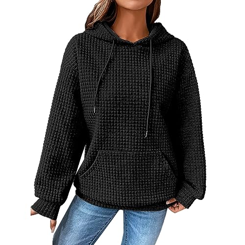 TMJSPOYOU Womens Casual Hoodies Waffle Knit Sweatershirt Tops Fashion Drawstring Pullover Tops Baggy Long Sleeve Quilted Pattern Lightweight Blouse with Pocket Sudaderas informales para mujer Black