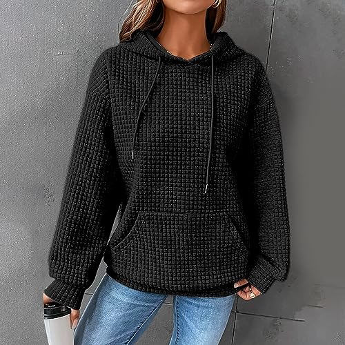 TMJSPOYOU Womens Casual Hoodies Waffle Knit Sweatershirt Tops Fashion Drawstring Pullover Tops Baggy Long Sleeve Quilted Pattern Lightweight Blouse with Pocket Sudaderas informales para mujer Black